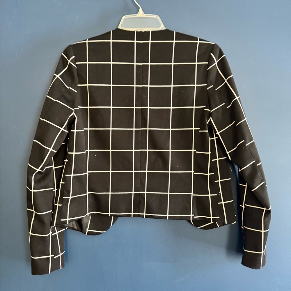 Black White Grid Cropped Blazer Jacket Modern Career Chic - Picture 4 of 5